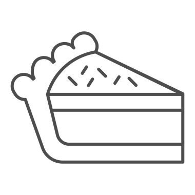Turta dilimi ince çizgi ikonu. Pasta parçası, cheesecake sembolü, beyaz arka planda ana hatlı resim. Mobil konsept ve web tasarımı için fırın tabelası. Vektör grafikleri.