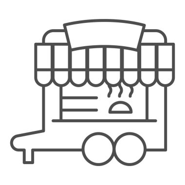 Tekerlekli kabin ince çizgi ikonu. Tekerlek pazarı, yemek vagonu ya da sokak büfesi sembolü, beyaz arka planda ana hatlı resim. Mobil konsept ve web tasarımı için pastane tabelası. Vektör grafikleri.