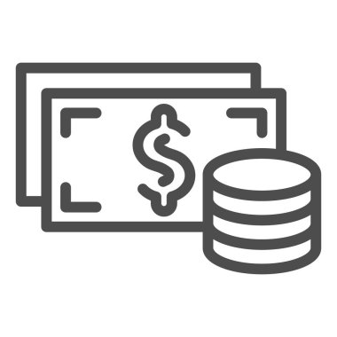 Banknotlar ve madeni paralar sıra simgesi. Dolar nakit sembollü zenginlik konsepti, beyaz arka planda ana hatlı resim. Mobil konsept ve web tasarımı için para işareti. Vektör grafikleri.