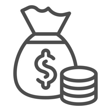 Tasarruf çantası ve bozuk para hattı simgesi. Dolar ve bozuk para destesi sembollü paket, beyaz arka planda ana hatlı resim. Mobil konsept ve web tasarımı için para işareti. Vektör grafikleri.