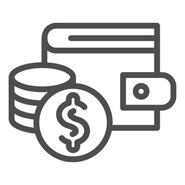 Bir dolarlık bozuk para yığını simgesi olan cüzdan. Tasarruf, çanta ve nakit sembolü, beyaz arka planda ana hatlı resim. Mobil konsept ve web tasarımı için para işareti. Vektör grafikleri.