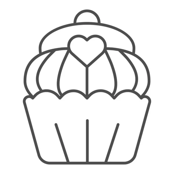 Cupcake thin line icon. Muffin, sweet bakery dessert with heart symbol, outline style pictogram on white background. Bakery shop sign for mobile concept and web design. Vector graphics. — Stock Vector