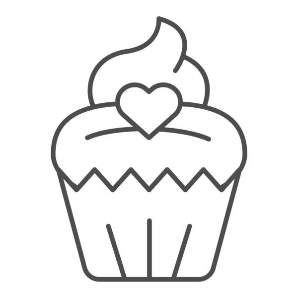 Cupcake icona linea sottile. Muffin, dolce dolce dolce dolce panino con simbolo del cuore, contorno stile pittogramma su sfondo bianco. Panificio segno per il concetto di mobile e web design. Grafica vettoriale . — Vettoriale Stock