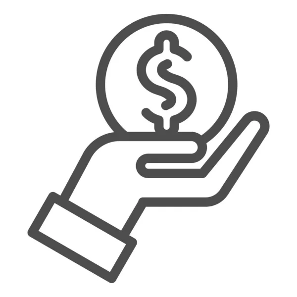 Hand met dollarlijn icoon. Palm holding munt symbool, omtrek stijl pictogram op witte achtergrond. Geldteken voor mobiel concept en webdesign. vectorgrafieken. — Stockvector