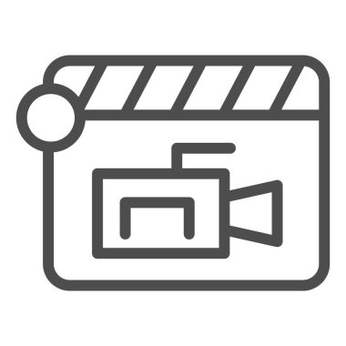 Video kamera oynatma ve sağlam çizgi simgesi. Film yapımı film şeridi ve kamera sembolü, beyaz arka planda ana hatlı resim. Mobil konsept ve web tasarımı için multimedya imzası. Vektör grafikleri.