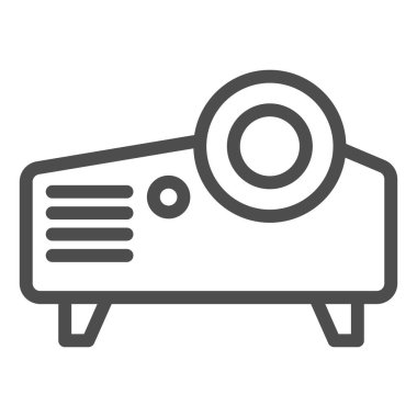 Projektör çizgisi simgesi. Projeksiyon cihazı, video ve sunum ögesi sembolü, beyaz arkaplanda taslak biçiminde pictogram. Mobil konsept ve web tasarımı için multimedya imzası. Vektör grafikleri.