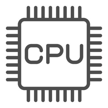 İşlemci yonga çizgisi simgesi. Bilgisayar donanımı, merkezi işlem birimi sembolü, beyaz arkaplanda ana hatlı resim çizgisi. Mobil konsept ve web tasarımı için teknoloji işareti. Vektör grafikleri.