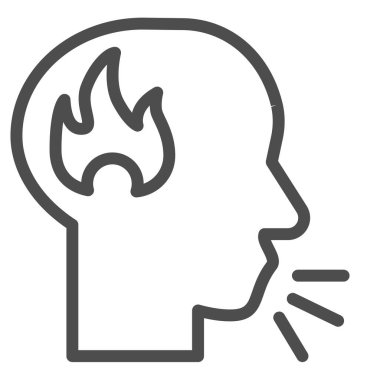 Adam yüksek sesle konuşma ikonu. Kızgın bir insan, ateş sembollü bağıran bir kafa, beyaz arka planda ana hatlı bir resim. Mobil konsept ve web tasarımı için ilişki işareti. Vektör grafikleri.