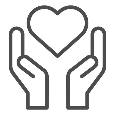 Kalp çizgisi simgesini tutan eller. Avuç içi sembolündeki hayırseverlik ve aşk şekli, beyaz arka planda ana hatlı resim. Mobil konsept ve web tasarımı için ilişki işareti. Vektör grafikleri.