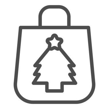 Kış alışveriş paketi ikonu. Ağaç sembollü hediyeler için çanta, beyaz arkaplanda ana hatlı resim. Mobil konsept ve web tasarımı için Noel tabelası. Vektör grafikleri.