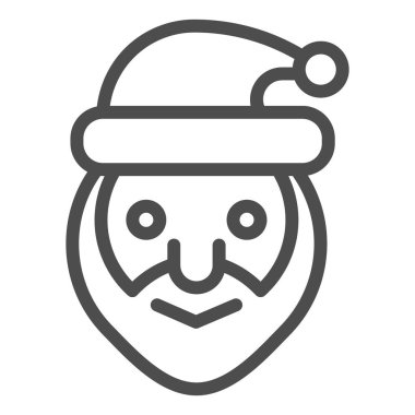 Noel Baba 'nın baş simgesi. Gülümseyen büyükbaba yüz sembolü, beyaz arka planda ana hatlı resim. Mobil konsept ve web tasarımı için Noel tabelası. Vektör grafikleri.