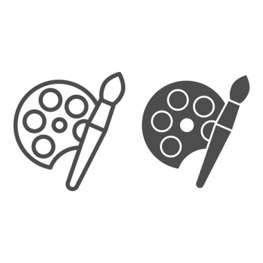 Boya paleti, fırça izi ve sağlam bir ikon. Resim fırçası sembollü renk paleti, beyaz arkaplanda ana hatlı resim. Mobil konsept ve web tasarımı için kırtasiye malzemesi işareti. Vektör grafikleri.