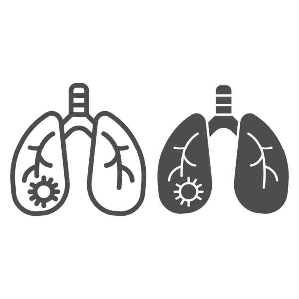 Infección por Coronavirus en línea pulmonar e icono sólido. Las bacterias de órganos y virus humanos describen el pictograma de estilo sobre fondo blanco. Pulmones humanos infectados para concepto móvil y diseño web. Gráficos vectoriales . — Archivo Imágenes Vectoriales