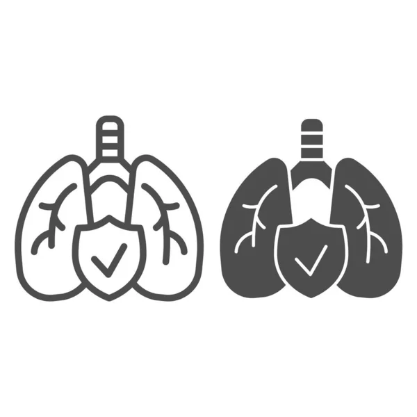 Línea de pulmones sanos humanos e icono sólido. Salud respiratoria aprobada con pictograma de estilo de contorno de escudo sobre fondo blanco. La neumonía por Coronavirus firma el concepto móvil y el diseño web. Gráficos vectoriales . — Archivo Imágenes Vectoriales