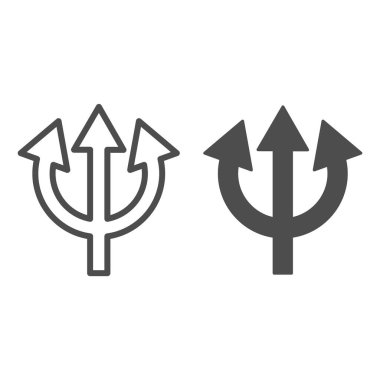 Üç başlı mızrak ve sağlam bir ikon. Şeytan yabası, kötü çatal işareti. Cadılar Bayramı parti vektör tasarımı konsepti, beyaz arkaplanda taslak biçim piktogramı.