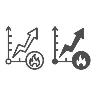 Yakıt fiyatlarında artış ve sağlam bir simge. Enerji piyasası fiyat artışı grafiği, yangın işaretli ticaret grafiği. Petrol endüstrisi vektör tasarımı konsepti, beyaz arkaplanda taslak biçim piktogramı.