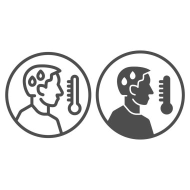 Ateş hattı ve katı ikonu olan bir insan avatarı. Beyaz arka planda soğuk ve yüksek sıcaklıkta resim çizimi olan biri. Mobil konsept ve web tasarımı için Covid 19 semptomları. Vektör grafikleri.