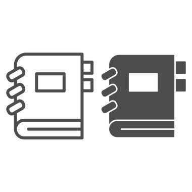 Kapalı defter satırı ve sağlam bir simge. Yer imleriyle birlikte alıştırma kitabı. Eğitim vektörü tasarımı konsepti, beyaz arkaplan üzerindeki taslak biçim piktogramı.