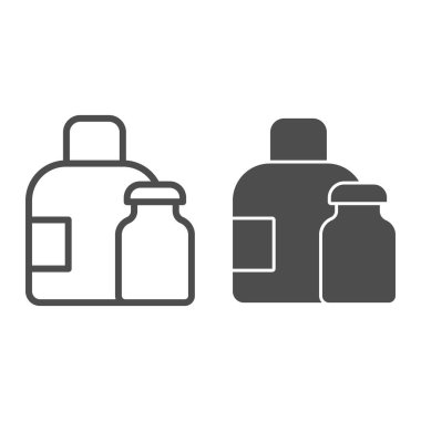 Su şişeleri hattı ve katı bir ikon. Sıvı için tıbbi ambalaj kabı. Plastik ürünler tasarım konsepti, beyaz arka planda taslak biçim piktogramı, web ve uygulama için kullanım. Eps 10.