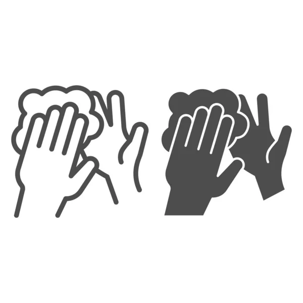 Lavado de manos con línea de espuma de jabón e icono sólido. Mantenga las manos limpias símbolo, delinear pictograma estilo sobre fondo blanco. Higiene para prevenir el signo coronavirus para el concepto móvil y el diseño web. Vector . — Archivo Imágenes Vectoriales