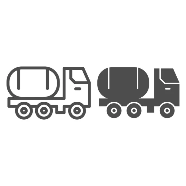 Kraftstofftank an der LKW-Linie und solides Symbol. Chemischer Güterverkehr. Ölindustrie Vektor-Designkonzept, Umriss Stil Piktogramm auf weißem Hintergrund. — Stockvektor