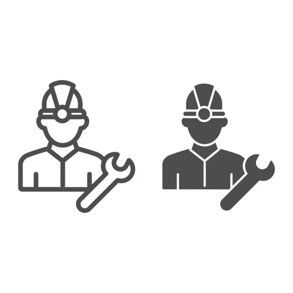 Brandstofleiding en stevig icoon. Olie mijnwerker, bouwvakker in helm met moersleutel. Ontwerp van de olie-industrie vector concept, ontwerp stijl pictogram op witte achtergrond. — Stockvector