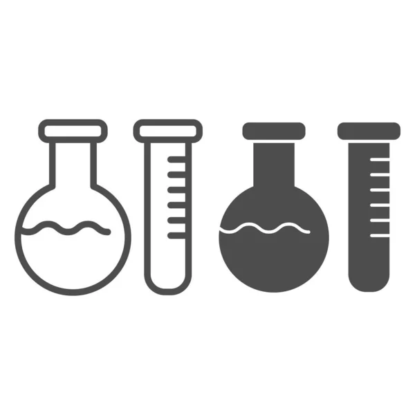 Ligne de flacons de laboratoire chimique et icône solide. Tubes à essai en verre laboratoire. Conception vectorielle de sujet de chimie, pictogramme de style de contour sur fond blanc . — Image vectorielle