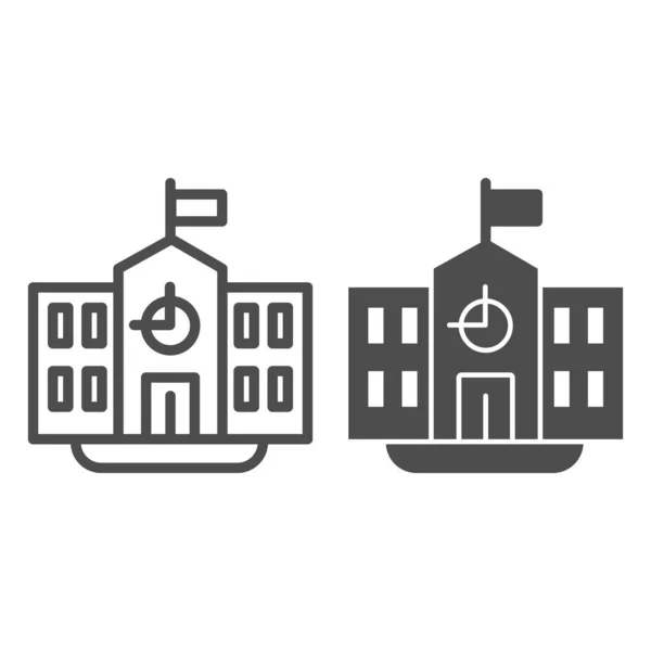 Schule Linie und solides Symbol. Klassisches Gebäude mit Uhr und Fahne. Bildung Vektor-Design-Konzept, Umriss Stil Piktogramm auf weißem Hintergrund. — Stockvektor