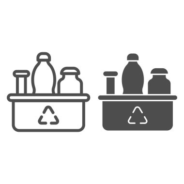 Plastik paket hattı ve sağlam bir ikon. Geri dönüşümlü şişeleri ve matarayı kabın içinde sıraladım. Sıfır atık tasarım konsepti, beyaz arka planda ana hatlı resim çizimi, web ve uygulama için kullanım. Eps 10.