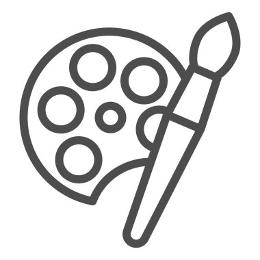 Paleti boya ve fırça izi simgesini fırçala. Resim fırçası sembollü renk paleti, beyaz arkaplanda ana hatlı resim. Mobil konsept ve web tasarımı için kırtasiye malzemesi işareti. Vektör grafikleri.