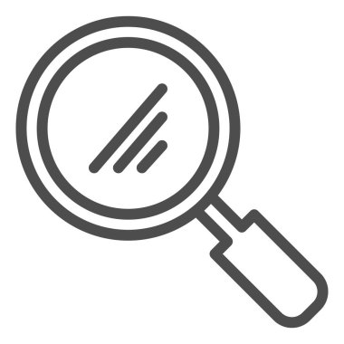 Büyüteç çizgi simgesi. Glass loupe, okuma veya arama sembolü, beyaz arkaplanda ana hatlı resim çizimi. Mobil konsept ve web tasarımı için okul ya da kırtasiye öğesi işareti. Vektör grafikleri.