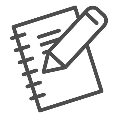 Not defteri ve kalem çizgisi simgesi. Egzersiz kitabı, ahşap sopalı bir cüzdan. Okul vektör tasarımı konsepti, beyaz arkaplan üzerinde ana hatlı resim grafiği.