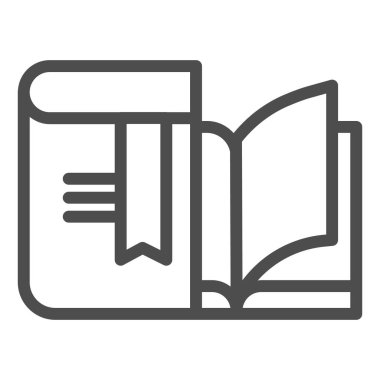 Ders kitabı ve dizüstü bilgisayar satırı simgesi. Öğrenci kitabı ve çalışma kitabı. Eğitim vektörü tasarımı konsepti, beyaz arkaplan üzerindeki taslak biçim piktogramı.