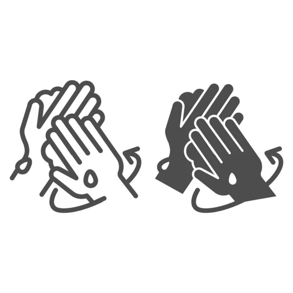 Línea de instrucciones de lavado de manos adecuada e icono sólido. Higiene personal en covid-19 símbolo pandémico, delinear pictograma estilo sobre fondo blanco. Lávese las manos de ambos lados con jabón signo de vector correctamente . — Archivo Imágenes Vectoriales