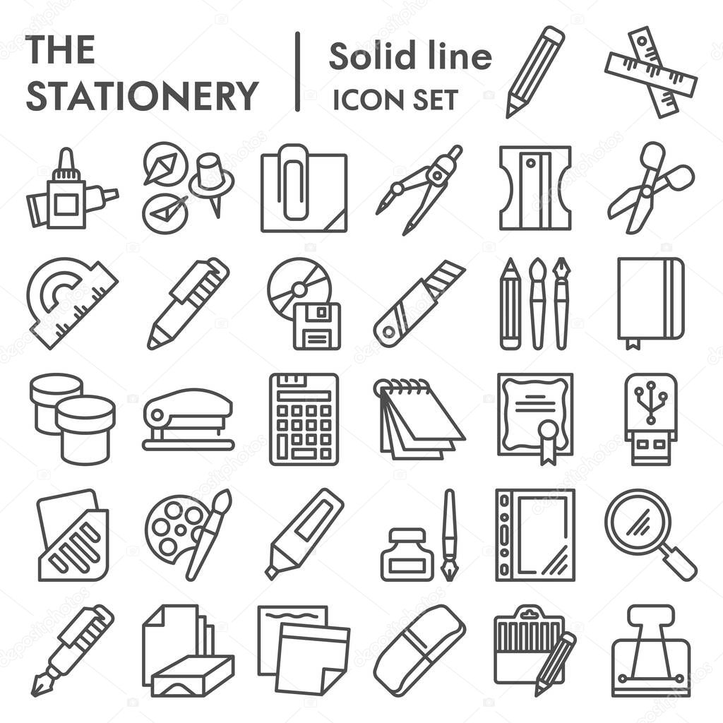 Stationery line icon set. Office symbols collection, vector sketches, logo illustrations, web signs, outline style pictograms package isolated on white background. Vector graphics