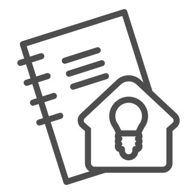 Ödev çizgisi simgesi. Kendi kendine çalışmak için not defteri, içinde ev fikri işareti olan cüzdan. Eğitim vektörü tasarımı konsepti, beyaz arkaplan üzerindeki taslak biçim piktogramı.