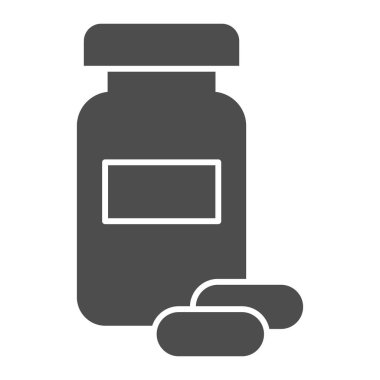 İlaç şişesi ve iki kapsül katı ikon. Güçlü bağışıklık sembolü için antiviral tedavi, beyaz arka planda glifli resim. Coronavirus tedavisi, mobil konsept, web tasarımı.