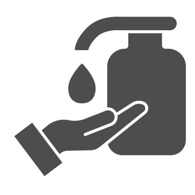 El ve sıvı sabun katı ikonu. Antibakteriyel jel sembolü kullanarak el temizleme, beyaz arka planda kabartma şekilli resim. Kişisel hijyen dezenfeksiyonu mobil konsept ve web tasarımı.