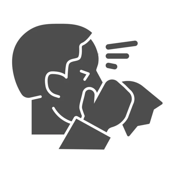 Mannen med rinnande näsa hålla servett fast ikon. Sjuk person nysningar symbol, glyf stil piktogram på vit bakgrund. Coronavirus symptom underteckna mobila koncept och webbdesign. Vektorgrafik. — Stock vektor