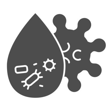 Koronavirüs bakterili su katı bir ikon. Covid-19 iletim sembolü, beyaz arkaplanda glifli resim. Virüs işareti konsepti ve web tasarımı olan su damlası. Vektör grafikleri.