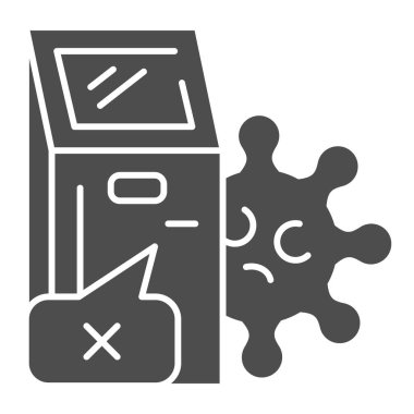 Hijyen ödemesi ve koronavirüs katı ikonu. Covid-19 virüs sembollü bilgi terminali, beyaz arkaplanda kabartma biçiminde resim. Temassız satın alma işareti konsepti ve web kullan.