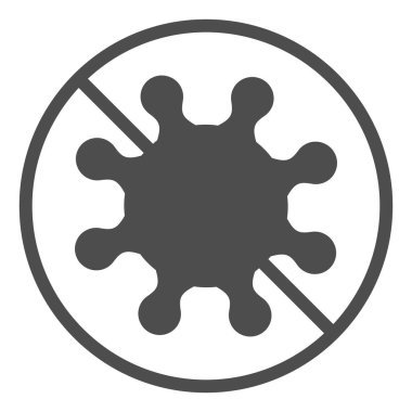 Yasak virüs katı ikonu. Bakterileri ve enfeksiyon sembolünü durdurun, beyaz arkaplanda kabartma şekli. Mobil konsept ve web tasarımı için dikkatli koronavirüs işareti. Vektör grafikleri.