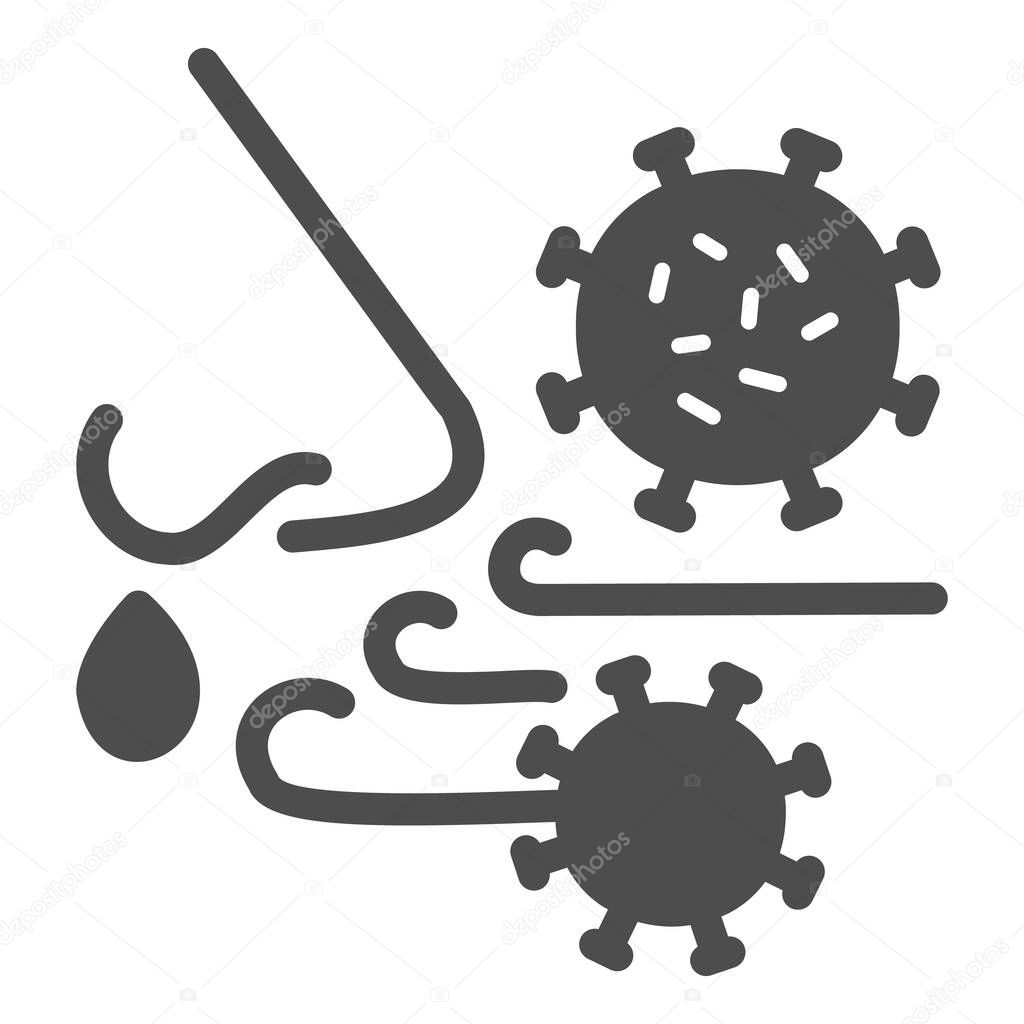 Airborne virus spread solid icon. Person breath virus bacteria glyph style pictogram on white background. Covid-19 spread through respiratory sign concept and web design. Vector graphics.
