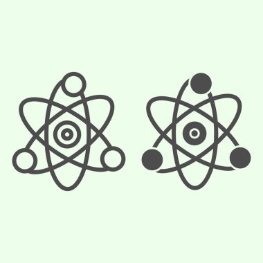 Bilim çizgisi ve sağlam bir ikon. Atom, elektron sembolü beyaz arkaplanda resim çizimi. Mobil konsept ve web tasarımı için okul kimyası ve eğitim işaretleri. Vektör grafikleri.