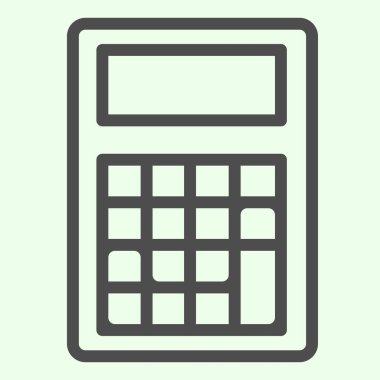 Hesap makinesi çizgi simgesi. Matematik okulu ekipmanları beyaz arka planda ana hatlı resim çizimi hesaplamak için. Mobil konsept ve web tasarımı için eğitim ve öğrenim işaretleri. Vektör grafikleri.