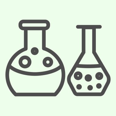 Test tüpleri çizgisi simgesi. Sıvı içeren laboratuvar matarası ekipmanları beyaz arka planda resim çiziyor. Mobil konsept ve web tasarımı için okul kimyası ve eğitim işaretleri. Vektör grafikleri.