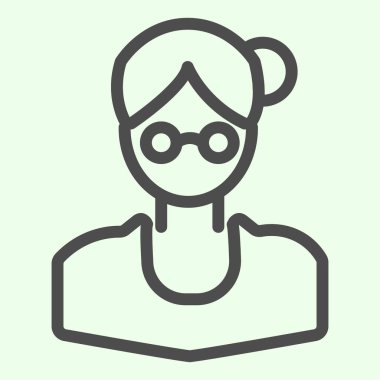 Okul öğretmeni çizgisi simgesi. Kadın iş kadını ya da yuvarlak gözlüklü özel öğretmen beyaz arka planda resim çiziyor. Mobil konsept ve web tasarımı için eğitim işaretleri. Vektör grafikleri.