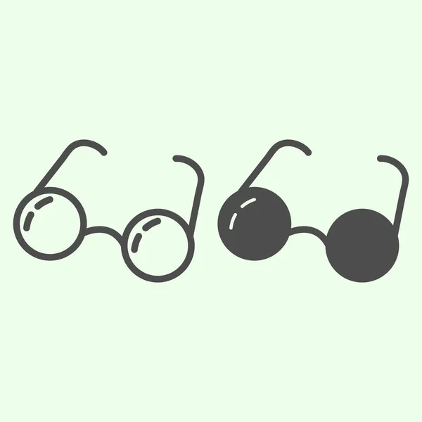 Línea de gafas e icono sólido. Las gafas retro redondas delinean el pictograma de estilo sobre fondo blanco. Espectáculos ópticos para educación, estudio y lectura para concepto móvil y diseño web. Gráficos vectoriales . — Archivo Imágenes Vectoriales