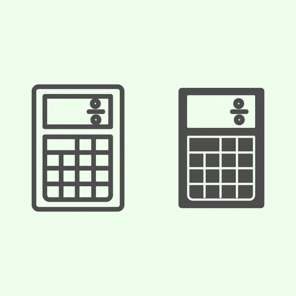 Línea de la calculadora e icono sólido. Pictograma de estilo de esquema de máquina de cálculo de oficina sobre fondo blanco. Dispositivo electrónico de negocios para contabilidad de concepto móvil y diseño web. Gráficos vectoriales . — Archivo Imágenes Vectoriales