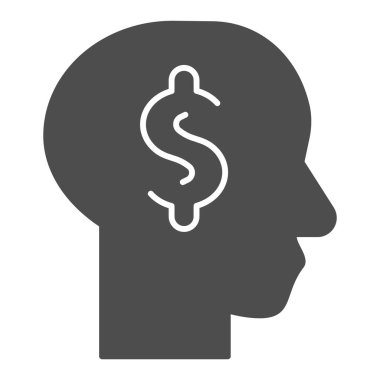 Erkek kafasında dolar, sert bir ikon. İş hakkında düşünceler, zihin sembolü planlama, beyaz arka planda glifli resim. Mobil konsept ve web tasarımı için para işareti. Vektör grafikleri.